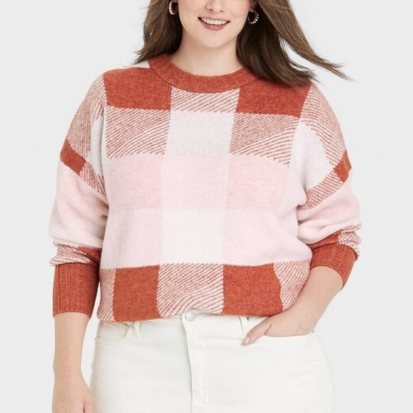A New Day Plus Size Plaid Crewneck Pullover Sweater - Rust Brown/Pink/Cream - Picture 4 of 13